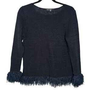 Nic+Zoe Run Around Fringe Trim Sweater Black Navy Feather Size Small